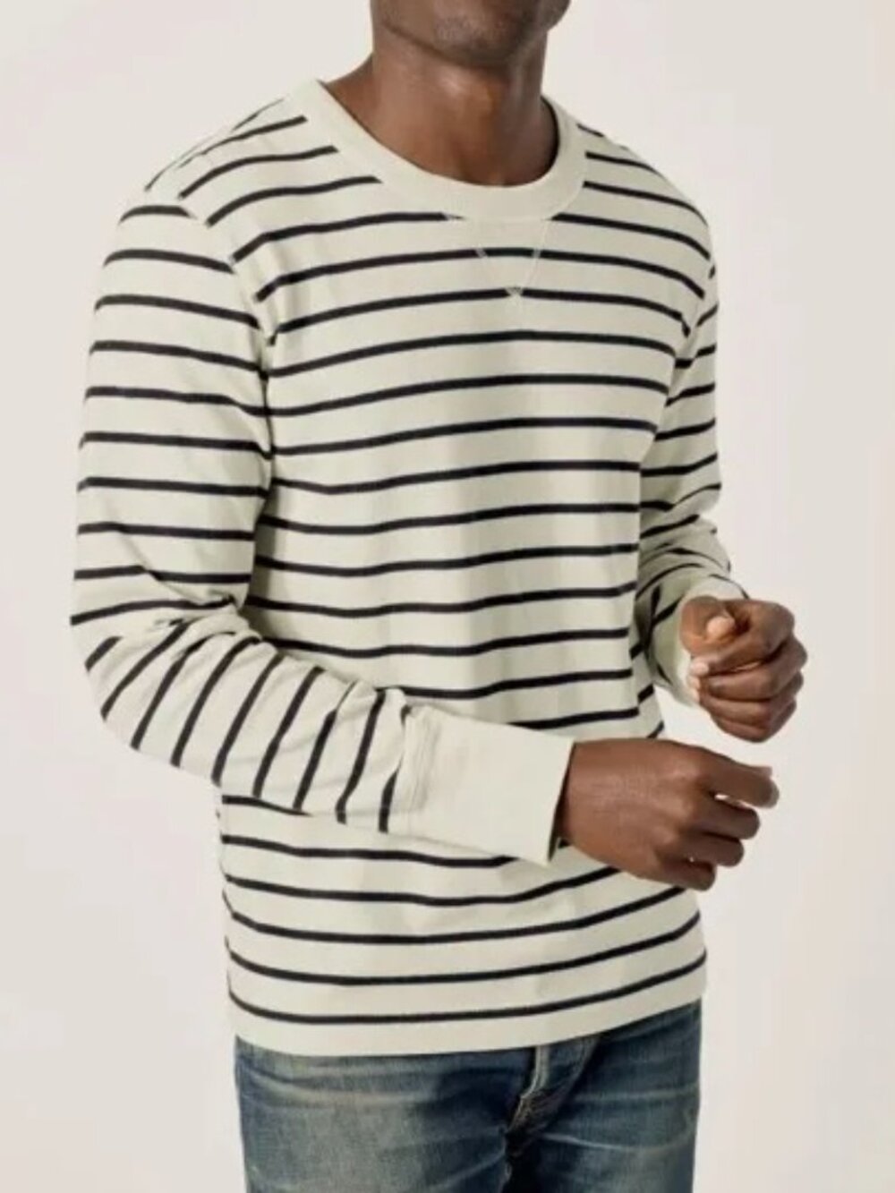 Buck Mason Natural Black Stripe Field Spec Cotton Surplus Crew Long Sleeve Shirt